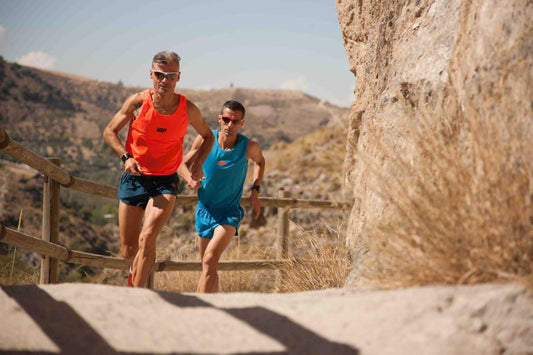 2 men running in beautiful mountain running trails, Granada, Southern Spain.